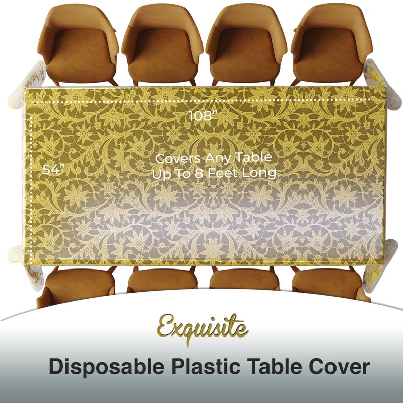 Exquisite Lace Table Cloth Rectangle Table Plastic 12-Pack Lace Tablecloth Rectangular 54" X 108" | Clear & Gold Floral Tablecloth Disposable | Wild Flower Party Decorations & Party Supplies - Image 3